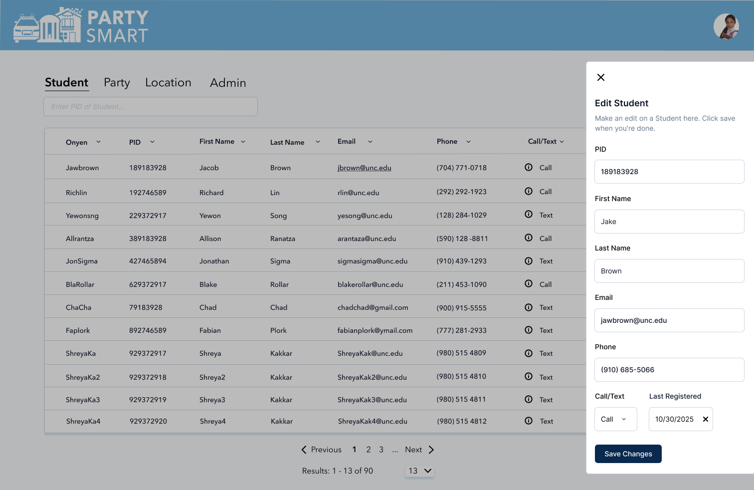 High-fidelity admin dashboard with a grayed-out student information table, overlayed by a sidebar to edit the row information